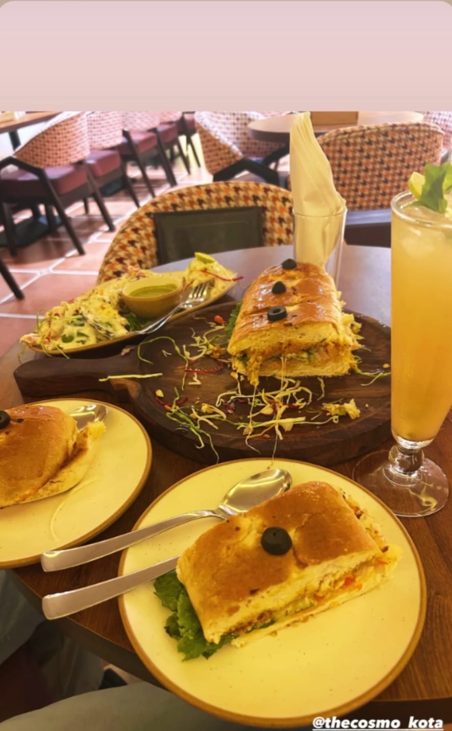Grilled sandwich platter with mocktail at The Cosmo